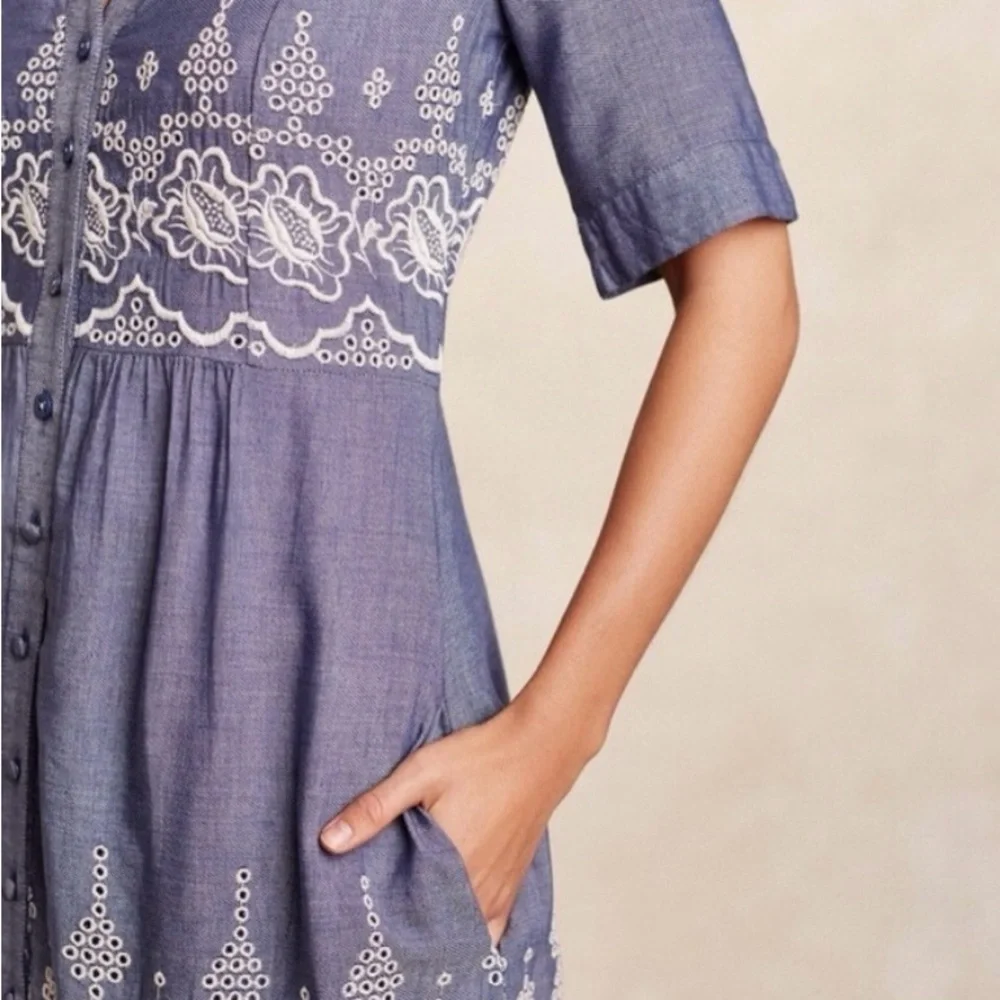 Anthropologie Moulinette Soeurs Blue and White Embroidered Waters Midi Dress Sz4 - Picture 8 of 10